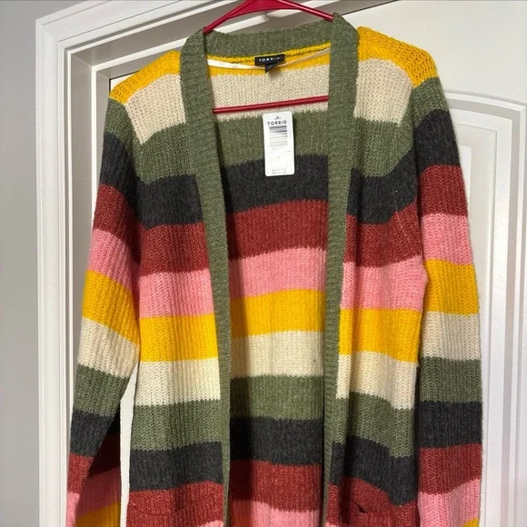 Torrid NWT Mulitcolor Striped Rainbow Cardigan Open Sweater 0 Large 12 - Picture 1 of 3